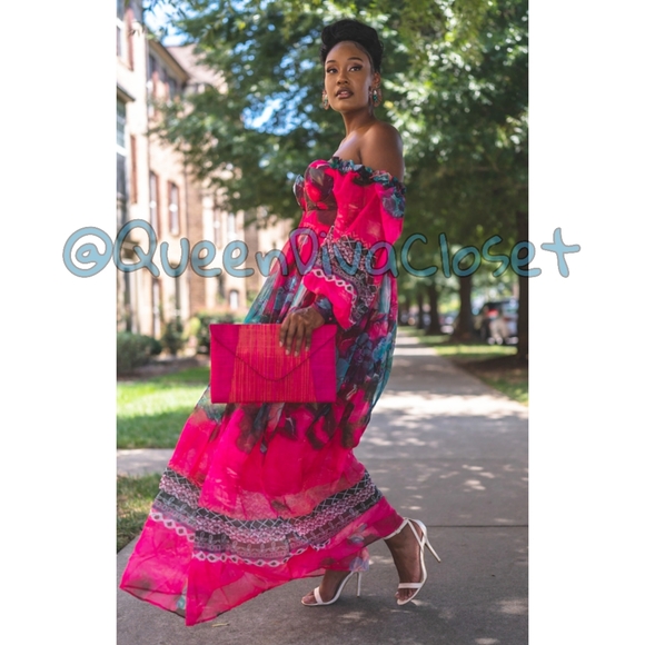 Floral queen goddess pink blue fuchsia bustier corset long sleeve maxi dress M 6 - Picture 6 of 6
